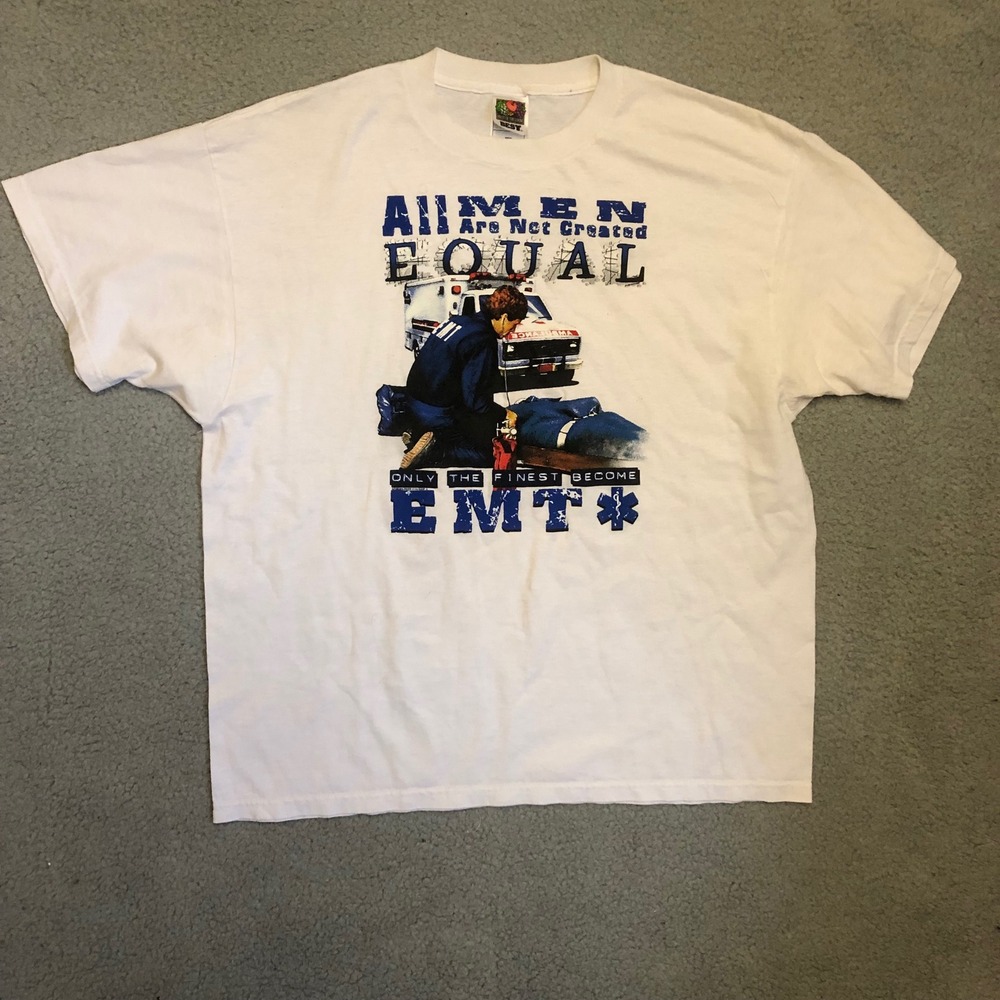 Vtg EMT All Men Not Created Equal T-Shirt White XL Fruit of the Loom Best